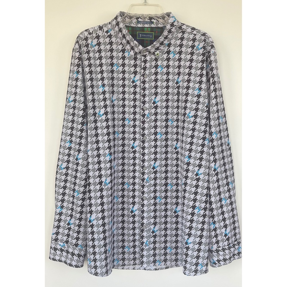William Murray Golf Mens XL Houndstooth Performance Button Down Shirt‎ Grey Blue